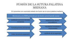 En pacientes con avanzado estadio de fusión de la sutura palatina mediana
Resistencia a la ERM generada por la fusión sutural puede causar
Dolor durante la expansión
Complicaciones periodontal
vestibularizaciones dentales
excesivas
ausencia de efectos
esqueléticos
resultados inestables e
imprevisibles
recidivas de la expansión
 