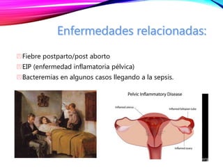 Fiebre postparto/post aborto
EIP (enfermedad inflamatoria pélvica)
Bacteremias en algunos casos llegando a la sepsis.
 