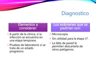 Elementos a
considerar:
A partir de la clínica, si la
infección se encuentra en
una etapa temprana.
Pruebas de laboratorio si se
trata de un estado
progresivo.
Los exámenes que se
pedirían son:
Microscopia
• Sin utilidad para la etapa 1ª.
• La falta de pared le
permiten descartarla de
otros patógenos.
 