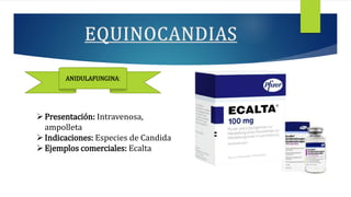 Presentación: Intravenosa,
ampolleta
Indicaciones: Especies de Candida
Ejemplos comerciales: Ecalta
ANIDULAFUNGINA:
 