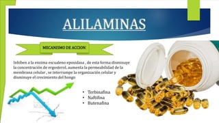 ALILAMINAS
MECANISMO DE ACCION:
Inhiben a la enzima escualeno epoxidasa , de esta forma disminuye
la concentración de ergosterol, aumenta la permeabilidad de la
membrana celular , se interrumpe la organización celular y
disminuye el crecimiento del hongo
• Terbinafina
• Naftifina
• Butenafina
 