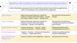 Medios de cultivo no selectivos enriquecidos
Están diseñados para permitir el crecimiento de la mayoría de los gérmenes
que no necesitan unas condiciones exigentes
Agar sangre Medio basal (soja tripticasa, infusión de
cerebro-corazón, base de Brusella) + Sangre
(de oveja, caballo, conejo) + Suplementos
Recuperación de bacterias y
hongos
Agar chocolate Medio basal (soja tripticasa, infusión de
cerebro-corazón, base de Brusella)
calentado + Sangre o Hemoglobina
Recuperación de bacterias,
incluidas Haemophilus y Neisseria
gonorrhoeae
Agar Mueller-Hinton Extracto de ternera + Caseína + Sales +
Cationes divalentes + Almidón soluble
Medio para estudio de la
susceptibilidad bacteriana
Caldo Tioglicolato Caseína + Glucosa + Extracto de de levadura
+ Cisteína + Tioglicolato sódico
Caldo enriquecido para las
bacterias anaerobias
Agar Dextrosa de
Sabouraud
Caseína y tejidos animal digeridos + glucosa Recuperación de hongos
 