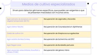 Medios de cultivo especializados
Sirven para detectar gérmenes específicos, que pueden ser exigentes o que
se presentan mezclados con muchos otros.
Agar extracto de levadura con carbón
vegetal tamponado (BCYE)
Recuperación de Legionella y Nocardia
Agar cistina-telurito Recuperación de Corynebacterium diphtheriae
Caldo de cultivo Lim Recuperación de Streptococcus agalactiae
Agar sorbitol de MacConkey Recuperación de Escherichia coli 0157
Agar Regan Lowe Recuperación de Bordetella pertussis
Agar sacarosa, sales biliares, tiosulfato y
citrato (TCBS)
Recuperación del género Vibrio
 