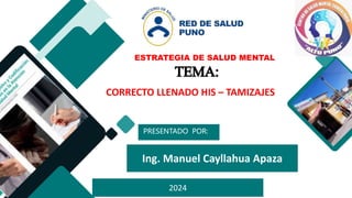 PRESENTADO POR:
ESTRATEGIA DE SALUD MENTAL
TEMA:
CORRECTO LLENADO HIS – TAMIZAJES
Ing. Manuel Cayllahua Apaza
2024
 