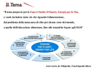 “ Il tema proposto per la  Expo  è  Nutrire il Pianeta, Energia per la Vita ,  e vuole includere tutto ciò che riguarda l'alimentazione,  dal problema della mancanza di cibo per alcune zone del mondo,  a quello dell'educazione alimentare, fino alle tematiche legate agli OGM” testo tratto da Wikipedia, l'enciclopedia libera 