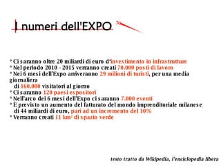 * Ci saranno oltre 20 miliardi di euro d‘ investimento in infrastrutture * Nel periodo 2010 - 2015 verranno creati  70.000 posti di lavoro * Nei 6 mesi dell'Expo arriveranno  29 milioni di turisti , per una media giornaliera  di  160.000  visitatori al giorno * Ci saranno  120 paesi espositori * Nell'arco dei 6 mesi dell'Expo ci saranno  7.000 eventi * È previsto un aumento del fatturato del mondo imprenditoriale milanese  di 44 miliardi di euro,  pari ad un incremento del 10% * Verranno creati  11 km 2  di spazio verde testo tratto da Wikipedia, l'enciclopedia libera 