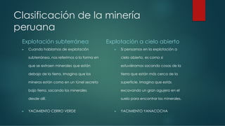 Clasificación de la minería
peruana
Explotación subterránea
► Cuando hablamos de explotación
subterránea, nos referimos a la forma en
que se extraen minerales que están
debajo de la tierra. Imagina que los
mineros están como en un túnel secreto
bajo tierra, sacando los minerales
desde allí.
► YACIMIENTO CERRO VERDE
Explotación a cielo abierto
► Si pensamos en la explotación a
cielo abierto, es como si
estuviéramos sacando cosas de la
tierra que están más cerca de la
superficie. Imagina que estás
excavando un gran agujero en el
suelo para encontrar los minerales.
► YACIMIENTO YANACOCHA
 