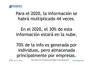 Para el 2020, la información se
habrá multiplicado 44 veces.
En el 2020, el 30% de esta
información estará en la nube.
70% de la info es generada por
individuos, pero almacenada
principalmente por empresas.
hVp://www.emc.com/leadership/digital-­‐universe/index.htm	
  
 