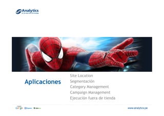 Aplicaciones
Site Location
Segmentación
Category Management
Campaign Management
Ejecución fuera de tienda
 