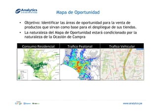 Mapa de Oportunidad
•  Objetivo: Identificar las áreas de oportunidad para la venta de
productos que sirvan como base para el despliegue de sus tiendas.
•  La naturaleza del Mapa de Oportunidad estará condicionado por la
naturaleza de la Ocasión de Compra
Consumo	
  Residencial	
   Traﬁco	
  Peatonal	
   Traﬁco	
  Vehicular	
  
 