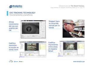 EYE TRACKING TECHNOLOGY
Funcionamiento y beneficios
Alinea
movimiento
del ojo con
análisis del
SW
Shopper hace
su recorrido
normal por la
tienda
Codifica
movimiento
entre áreas
en espacio
Retail
Codifica
movimien-
to ocular en
zonas clave
Colaboración de The Retail Factory,
Especialistas en shopper marketing desde la “a” a la “z”
 