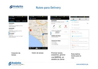 Creación de
tareas
Visión de tareas Priorizar tareas,
aceptarlas, generar
ruta óptima, ver
detalles de cliente
Ruteo para Delivery
Ruta óptima
tracks para la
ruta
 
