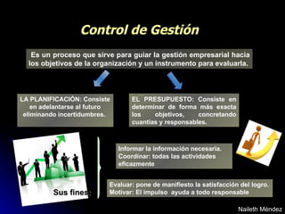 Control de Gestión Es un proceso que sirve para guiar la gestión empresarial hacia los objetivos de la organización y un instrumento para evaluarla. LA PLANIFICACIÓN: Consiste en adelantarse al futuro eliminando incertidumbres.  Sus fines: EL PRESUPUESTO: Consiste en determinar de forma más exacta los objetivos, concretando cuantías y responsables.  Informar la información necesaria.  Coordinar: todas las actividades eficazmente  Evaluar: pone de manifiesto la satisfacción del logro.  Motivar: El impulso  ayuda a todo responsable  Naileth Méndez 