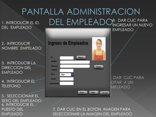 1. INTRODUCIR EL ID.
DEL EMPLEADO
2. INTRODUCIR
NOMBRE EMPELADO
3. INTRODUCIR LA
DIRECCION DEL
EMPLEADO
4. INTRODUCIR EL
TELEFONO
5. SELECCIONAR EL
SEXO DEL EMPLEADO
6. INTRODUCIR EL
PUESTO DEL
EMPLEADO
7. DAR CLIC EN EL BOTON IMAGEN PARA
SELECCIONAR LA IMAGEN DEL EMPLEADO
8. DAR CLIC PARA
INGRESAR UN NUEVO
EMPLEADO
9. DAR CLIC PARA
EDITAR A UN
EMPLEADO
 