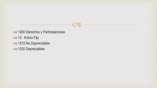 
 1260 Derechos y Participaciones
 13 Activo Fijo
 1310 No Depreciables
 1320 Depreciables
 