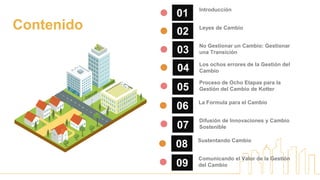 Contenido
01
02
03
04
05
Introducción
Leyes de Cambio
No Gestionar un Cambio: Gestionar
una Transición
Los ochos errores de la Gestión del
Cambio
Proceso de Ocho Etapas para la
Gestión del Cambio de Kotter
06 La Formula para el Cambio
07
Difusión de Innovaciones y Cambio
Sostenible
08 Sustentando Cambio
09
Comunicando el Valor de la Gestión
del Cambio
 