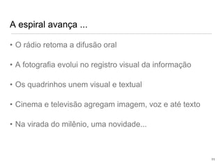 A espiral avança ...O rádio retoma a difusão oralA fotografia evolui no registro visual da informaçãoOs quadrinhos unem visual e textualCinema e televisão agregam imagem, voz e até textoNa virada do milênio, uma novidade...11