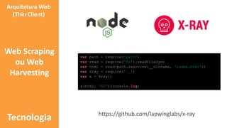 https://github.com/lapwinglabs/x-ray
var path = require('path')
var read = require('fs').readFileSync
var html = read(path.resovlve(__dirname, 'index.html'))
var Xray = require('..')
var x = Xray()
x(html, 'h2')(console.log)
Arquitetura Web
(Thin Client)
Web Scraping
ou Web
Harvesting
Tecnologia
 