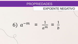 PROPRIEDADES
EXPOENTE NEGATIVO
6) 𝑎−𝑚
=
1
𝑎𝑚 =
1
𝑏
 