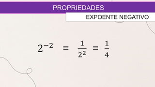 PROPRIEDADES
EXPOENTE NEGATIVO
2−2
=
1
22 =
1
4
 