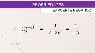PROPRIEDADES
EXPOENTE NEGATIVO
(−2)−3
=
1
(−2)3 =
1
−8
 