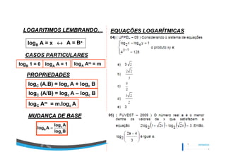 LOGARITIMOS LEMBRANDOLOGARITIMOS LEMBRANDO……
logB A = x ↔↔↔↔ A = Bx
CASOS PARTICULARESCASOS PARTICULARES
logB 1 = 0 logA A = 1
PROPRIEDADESPROPRIEDADES
logC (A.B) = logc A + logc B
logC (A/B) = logc A – logc B
logC Am = m.logc A
logA Am = m
MUDANMUDANÇÇA DE BASEA DE BASE
Blog
Alog
Alog
c
c
B =
EQUAEQUAÇÇÕES LOGARÕES LOGARÍÍTMICASTMICAS
 