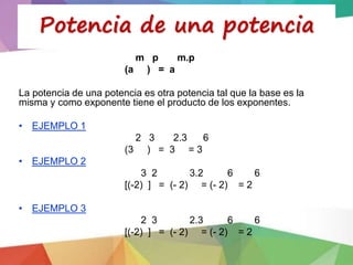 m p m.p
(a ) = a
La potencia de una potencia es otra potencia tal que la base es la
misma y como exponente tiene el producto de los exponentes.
• EJEMPLO 1
2 3 2.3 6
(3 ) = 3 = 3
• EJEMPLO 2
3 2 3.2 6 6
[(-2) ] = (- 2) = (- 2) = 2
• EJEMPLO 3
2 3 2.3 6 6
[(-2) ] = (- 2) = (- 2) = 2
Potencia de una potencia
 