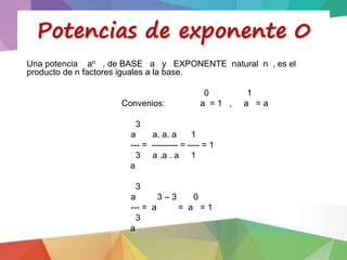 Potencias de exponente 0
Una potencia an , de BASE a y EXPONENTE natural n , es el
producto de n factores iguales a la base.
0 1
Convenios: a = 1 , a = a
3
a a. a. a 1
--- = --------- = ---- = 1
3 a .a . a 1
a
3
a 3 – 3 0
--- = a = a = 1
3
a
 