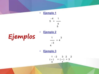 • Ejemplo 1
- 4 1
5 = ------
4
5
• Ejemplo 2
1 3
------ = 4
- 3
4
• Ejemplo 3
1 - 2 3 2 2
( -- ) = ( -- ) = 3
3 1
Ejemplos
 