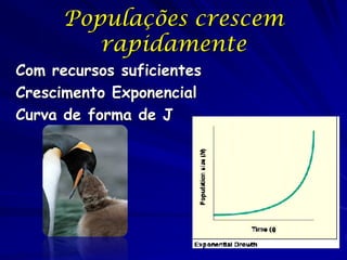 Populações crescem
         rapidamente
Com recursos suficientes
Crescimento Exponencial
Curva de forma de J
 