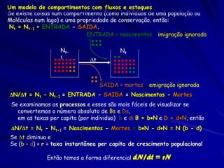 Um modelo de compartimentos com fluxos e estoques
Se existe coisas num compartimento (como indivíduos de uma população ou
Moléculas num lago) e uma propriedade de conservação, então:
Nt = Nt-1 + ENTRADA - SAIDA.
                             ENTRADA = nascimentos + imigração ignorada

                   Nt-                    Nt
                   1
                              t



                                   SAIDA = mortes + emigração ignorada
N/t = Nt - Nt-1 = ENTRADA - SAIDA = Nascimentos - Mortes
assuming no migration)
 Se examinamos os processos e esses são mais fáceis de visualizar se
   convertemos o número absoluto de Bs e Ds,
   em as taxas per capita (por individuo) b e d: B = bN e D = dN, então
 N/t = Nt - Nt-1 = Nascimentos - Mortes = bN - dN = N (b - d)
Se t diminua e
Se (b - d) = r = taxa instantânea per capita de crescimento populacional

              Então temos a forma diferencial   dN/dt = rN
 