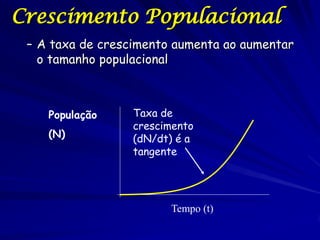 Crescimento Populacional
 – A taxa de crescimento aumenta ao aumentar
   o tamanho populacional



    População     Taxa de
                  crescimento
    (N)           (dN/dt) é a
                  tangente




                        Tempo (t)
 
