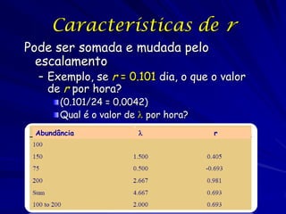 Características de r
Pode ser somada e mudada pelo
  escalamento
  – Exemplo, se r = 0.101 dia, o que o valor
    de r por hora?
       (0.101/24 = 0.0042)
       Qual é o valor de  por hora?
 Abundância                          r
 