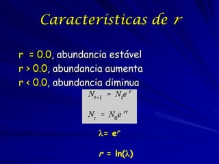 Características de r

r = 0.0, abundancia estável
r > 0.0, abundancia aumenta
r < 0.0, abundancia diminua




                 = er

                 r = ln()
 
