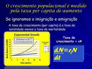 O crescimento populacional é medido
  pela taxa per capita de aumento

Se ignoramos a imigração e emigração
 A taxa de crescimento (per capita) é a taxa de
 natalidade menos a taxa de mortalidade

                                      Taxa de
                                  crescimento = rN


                                dN=riN
                                dt
 