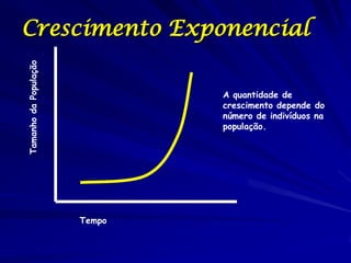 Crescimento Exponencial
Tamanho da População




                               A quantidade de
                               crescimento depende do
                               número de indivíduos na
                               população.




                       Tempo
 