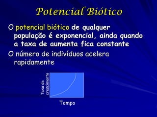 Potencial Biótico
O potencial biótico de qualquer
 população é exponencial, ainda quando
 a taxa de aumenta fica constante...
