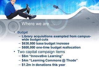 Where we are…. Budget Library acquisitions exempted from campus-wide budget cuts $630,000 base budget increase $600,000 one-time budget reallocation Two capital campaign items $6m “Innovative Learning” $4m “Learning Commons @ Thode” $1.2m in donations this year 