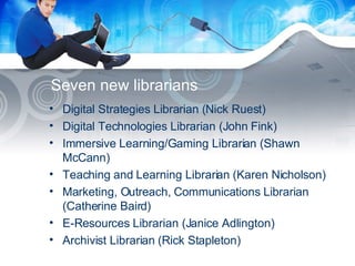 Seven new librarians Digital Strategies Librarian (Nick Ruest) Digital Technologies Librarian (John Fink) Immersive Learning/Gaming Librarian (Shawn McCann) Teaching and Learning Librarian (Karen Nicholson) Marketing, Outreach, Communications Librarian (Catherine Baird) E-Resources Librarian (Janice Adlington) Archivist Librarian (Rick Stapleton) 