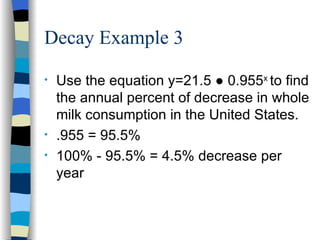 Decay Example 3 Use the equation y=21.5 ● 0.955 x to find the annual percent of decrease in whole milk consumption in the United States. .955 = 95.5% 100% - 95.5% = 4.5% decrease per year