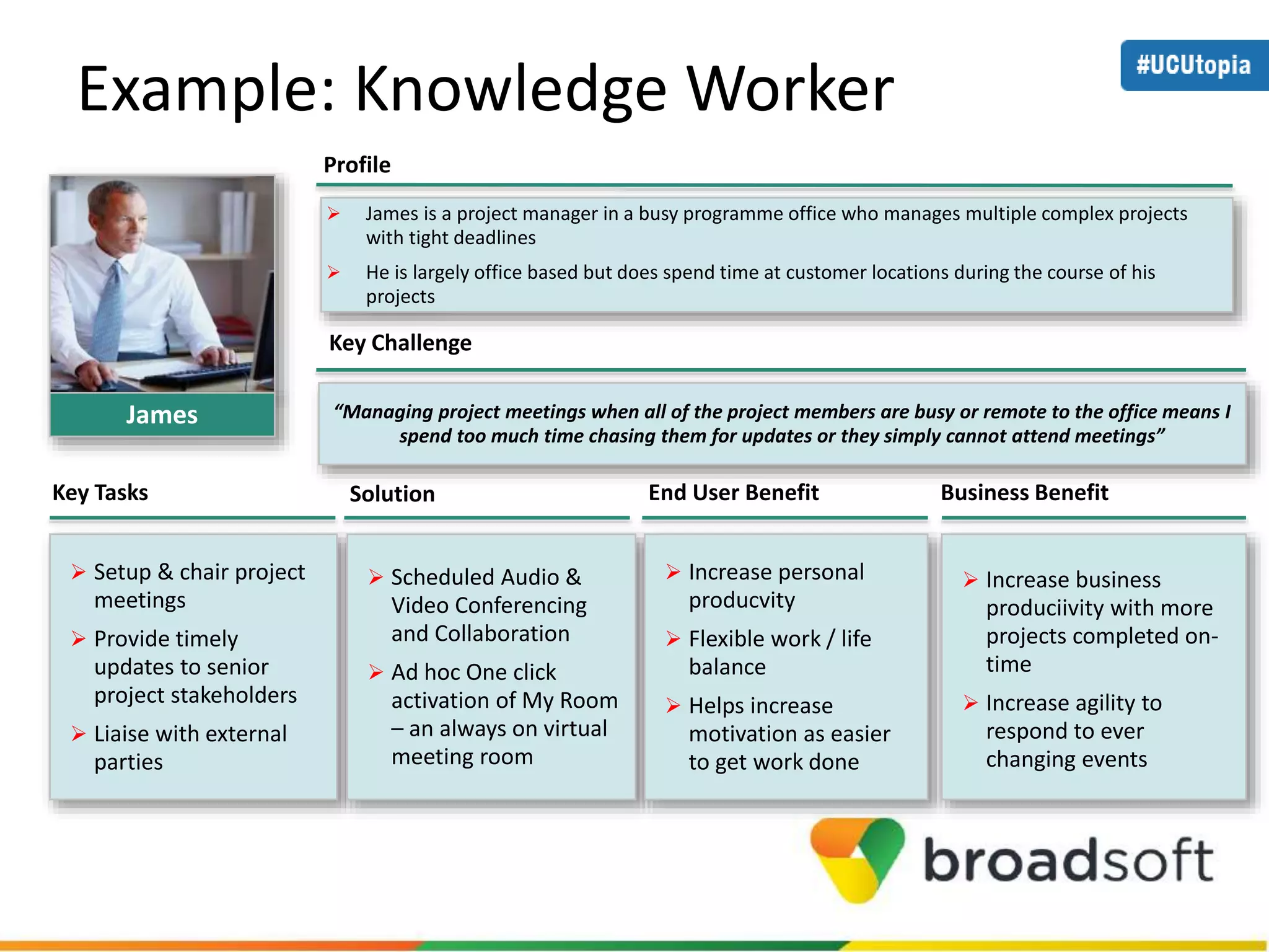 Example: Knowledge Worker 
James 
 James is a project manager in a busy programme office who manages multiple complex projects 
with tight deadlines 
 He is largely office based but does spend time at customer locations during the course of his 
projects 
“Managing project meetings when all of the project members are busy or remote to the office means I 
spend too much time chasing them for updates or they simply cannot attend meetings” 
Profile 
Key Challenge 
Key Tasks Solution End User Benefit Business Benefit 
 Setup & chair project 
meetings 
 Provide timely 
updates to senior 
project stakeholders 
 Liaise with external 
parties 
 Scheduled Audio & 
Video Conferencing 
and Collaboration 
 Ad hoc One click 
activation of My Room 
– an always on virtual 
meeting room 
 Increase personal 
producvity 
 Flexible work / life 
balance 
 Helps increase 
motivation as easier 
to get work done 
 Increase business 
produciivity with more 
projects completed on-time 
 Increase agility to 
respond to ever 
changing events 
 