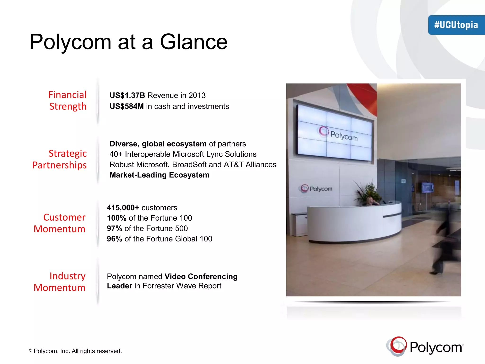 Polycom at a Glance 
US$1.37B Revenue in 2013 
US$584M in cash and investments 
Financial 
Strength 
Strategic 
Partnerships 
Diverse, global ecosystem of partners 
40+ Interoperable Microsoft Lync Solutions 
Robust Microsoft, BroadSoft and AT&T Alliances 
Market-Leading Ecosystem 
Customer 
Momentum 
415,000+ customers 
100% of the Fortune 100 
97% of the Fortune 500 
96% of the Fortune Global 100 
Industry 
Momentum 
Polycom named Video Conferencing 
Leader in Forrester Wave Report 
© Polycom, Inc. All rights reserved. 
 