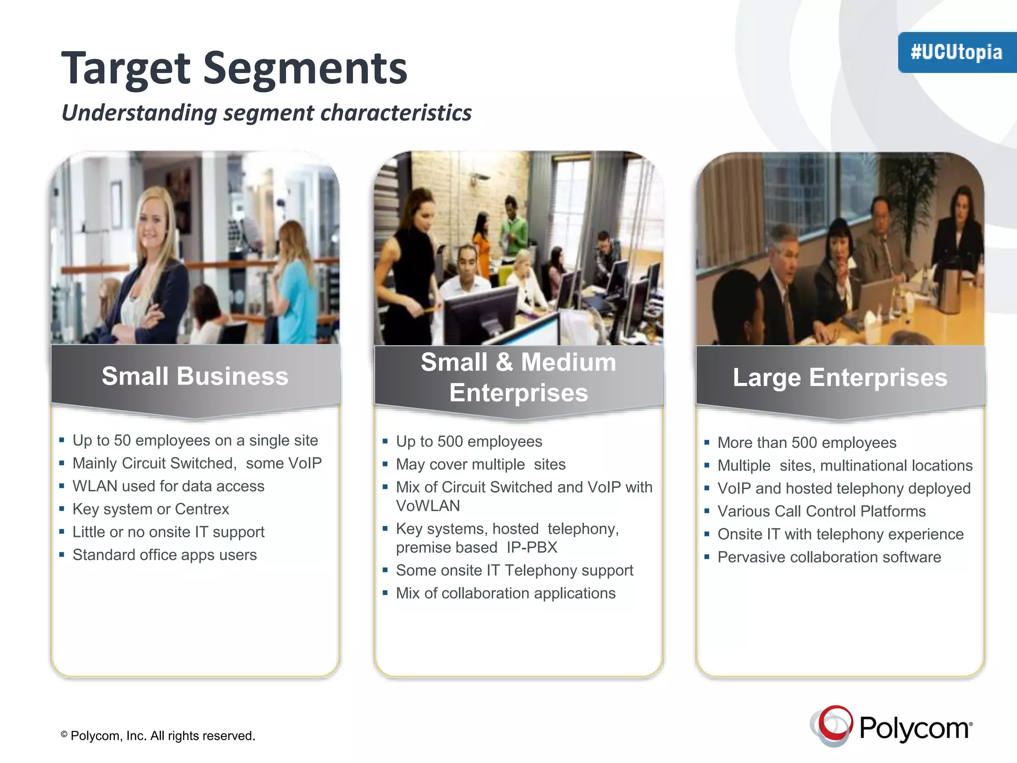 Target Segments 
Understanding segment characteristics 
SmallB eBneufitss iness 
 Up to 50 employees on a single site 
 Mainly Circuit Switched, some VoIP 
 WLAN used for data access 
 Key system or Centrex 
 Little or no onsite IT support 
 Standard office apps users 
© Polycom, Inc. All rights reserved. 
SmallF e&atu Mrese dium 
Enterprises 
 Up to 500 employees 
 May cover multiple sites 
 Mix of Circuit Switched and VoIP with 
VoWLAN 
 Key systems, hosted telephony, 
premise based IP-PBX 
 Some onsite IT Telephony support 
 Mix of collaboration applications 
Competitive 
LaDirffgereen tEiatnorts/eProspitrioinsinegs 
 More than 500 employees 
 Multiple sites, multinational locations 
 VoIP and hosted telephony deployed 
 Various Call Control Platforms 
 Onsite IT with telephony experience 
 Pervasive collaboration software 
 