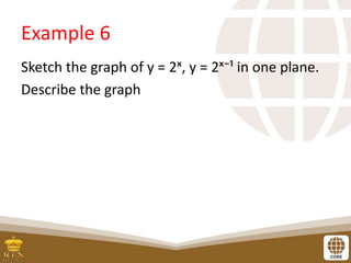 Example 6
Sketch the graph of y = 2ˣ, y = 2ˣ⁻¹ in one plane.
Describe the graph
 
