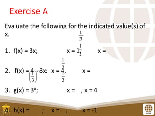 Exercise A
Evaluate the following for the indicated value(s) of
x.
1. f(x) = 3x; x = 1, x =
2. f(x) = 4 - 3x; x = 4, x =
3. g(x) = 3ˣ; x = , x = 4
4. h(x) = ; x = , x = -1
3
1
2
1
x
2
3
1






2
1
2
1
 