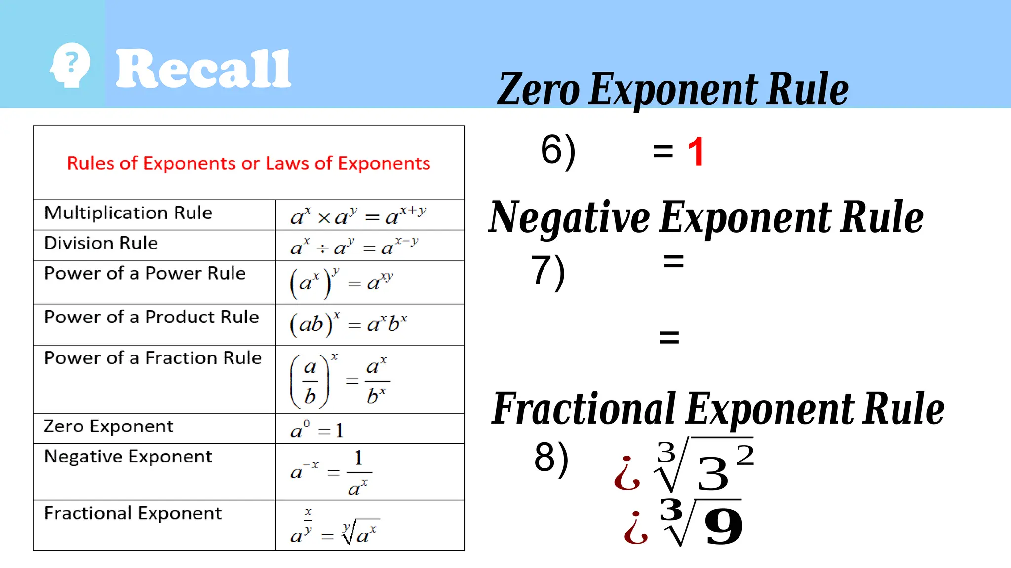 Guide Questions
Recall
6) = 1
𝒁𝒆𝒓𝒐 𝑬𝒙𝒑𝒐𝒏𝒆𝒏𝒕 𝑹𝒖𝒍𝒆
𝑵𝒆𝒈𝒂𝒕𝒊𝒗𝒆 𝑬𝒙𝒑𝒐𝒏𝒆𝒏𝒕 𝑹𝒖𝒍𝒆
7) =
=
𝑭𝒓𝒂𝒄𝒕𝒊𝒐𝒏𝒂𝒍 𝑬𝒙𝒑𝒐𝒏𝒆𝒏𝒕 𝑹𝒖𝒍𝒆
8) ¿
3
√32
¿
𝟑
√𝟗
 