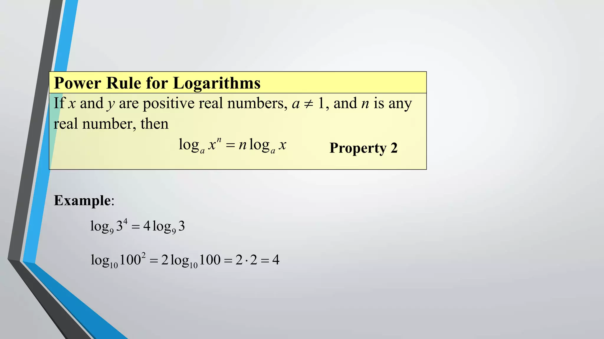 Power Rule for Logarithms

If x and y are positive real numbers, a  1, and n is any
real number, then
log a x n  n log a x
Property 2
Example:
log 9 34  4 log 9 3
log10 1002  2 log10 100  2  2  4

 