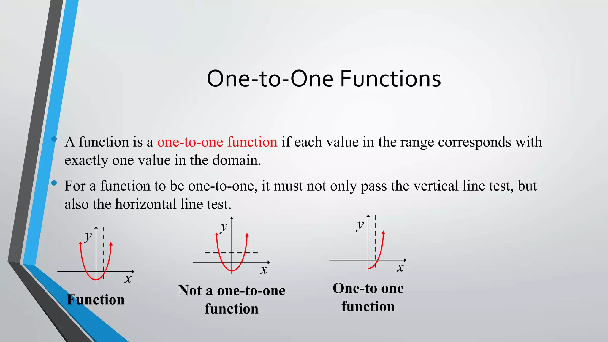 One-to-One Functions
• A function is a one-to-one function if each value in the range corresponds with
exactly one value in the domain.

• For a function to be one-to-one, it must not only pass the vertical line test, but
also the horizontal line test.
y
y
x
Function

x
Not a one-to-one
function

y
x
One-to one
function

 