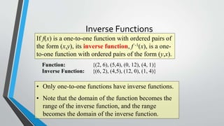Inverse Functions
If f(x) is a one-to-one function with ordered pairs of
the form (x,y), its inverse function, f -1(x), is a oneto-one function with ordered pairs of the form (y,x).
Function:
Inverse Function:

{(2, 6), (5,4), (0, 12), (4, 1)}
{(6, 2), (4,5), (12, 0), (1, 4)}

• Only one-to-one functions have inverse functions.

• Note that the domain of the function becomes the
range of the inverse function, and the range
becomes the domain of the inverse function.

 