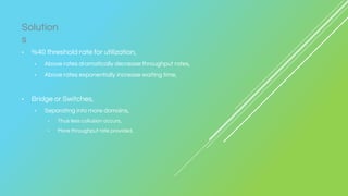 • %40 threshold rate for utilization,
• Above rates dramatically decrease throughput rates,
• Above rates exponentially increase waiting time,
• Bridge or Switches,
• Separating into more domains,
• Thus less collusion occurs,
• More throughput rate provided,
Solution
s
 
